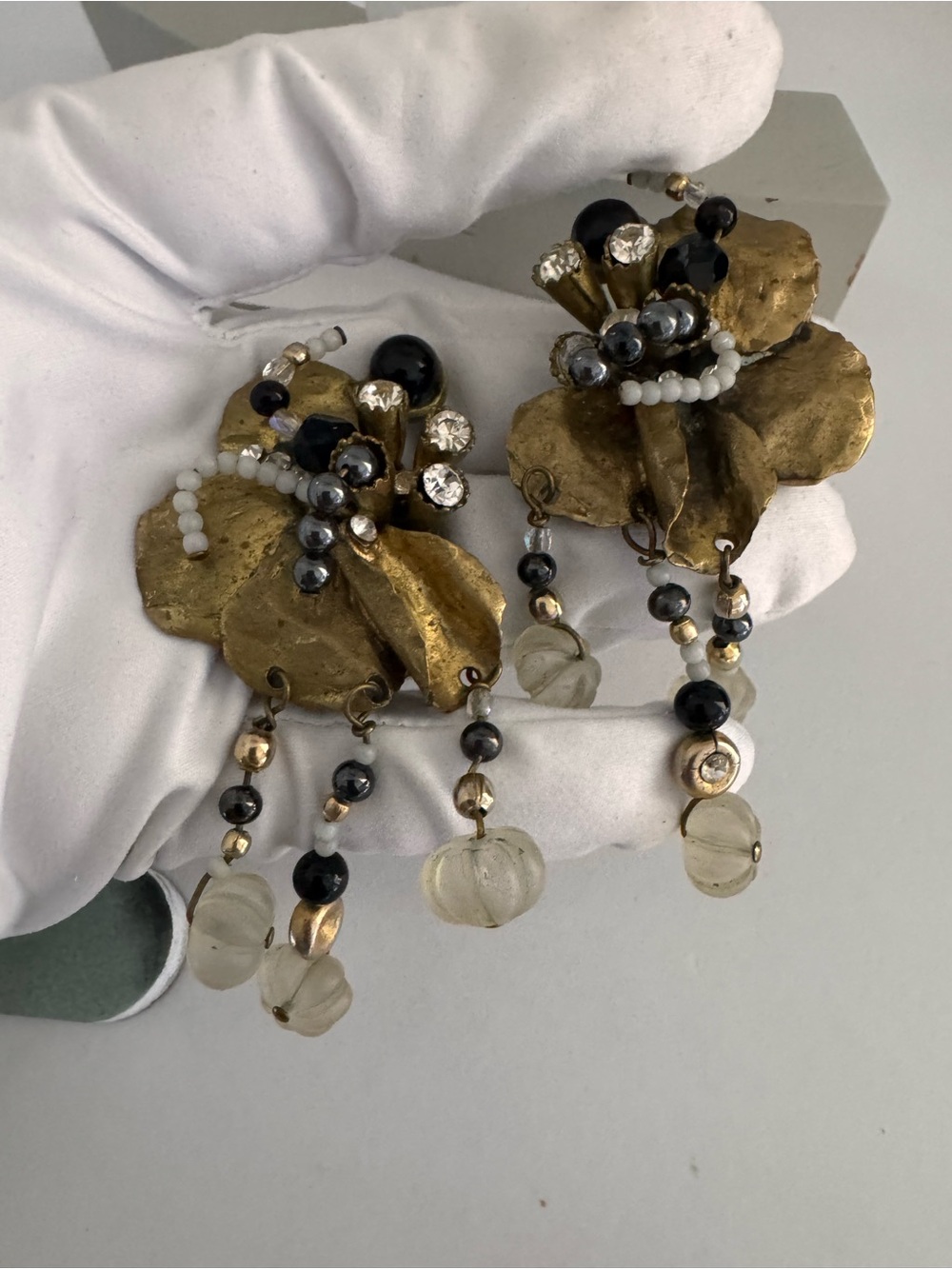 Vintage Earrings Clip On Floral Crystal Design Heavy